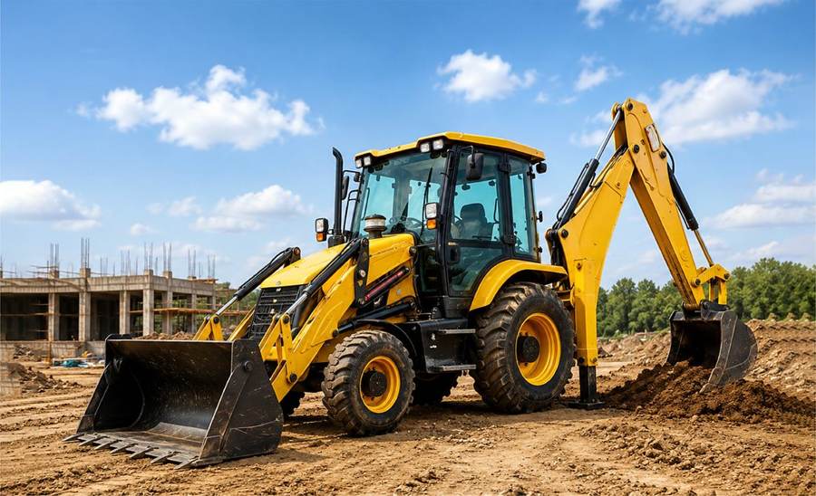 Backhoe loader with front bucket and rear digging arm