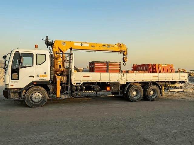 Flatbed truck fitted with a hydraulic loader crane