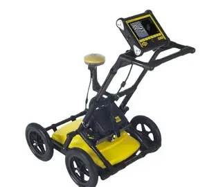 Ground penetrating radar cart with GNSS antenna and display.